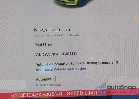 2019 Tesla Model 3 Long Range/Mid Range/Standard Range/Standard Range Plus z USA, uszkodzony, nr VIN 5YJ3E1EA8KF308141